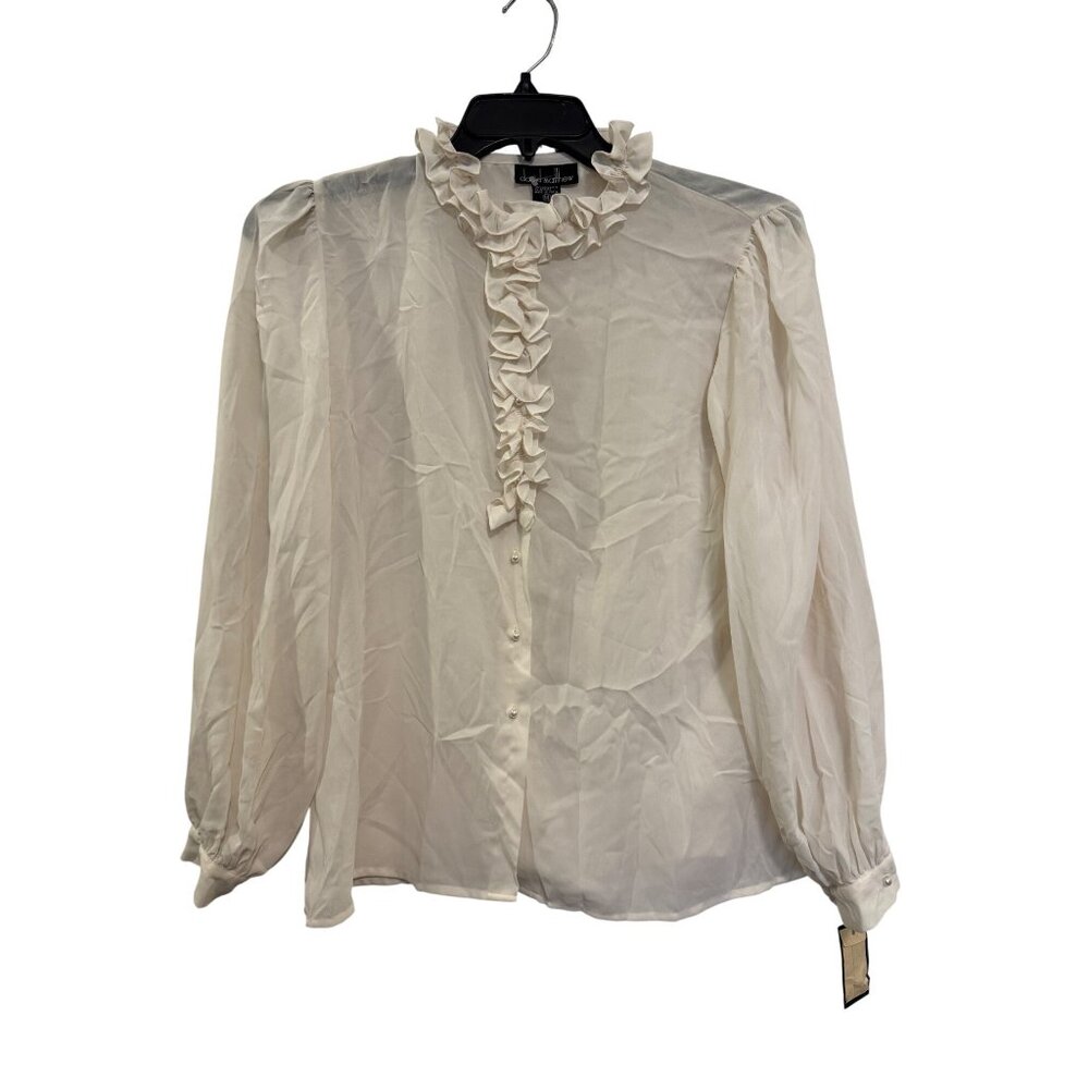 David Matthew Womens Ruffled Cream Button-Up Blouse Size 14 Polyester